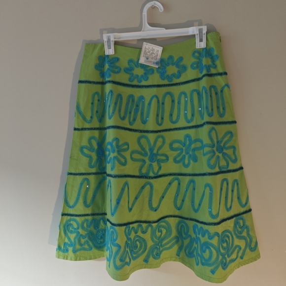 Anthropologie Basil & Maude Size 12 A-Line Full Skirt Beaded Sequins Green Blue - Picture 4 of 7